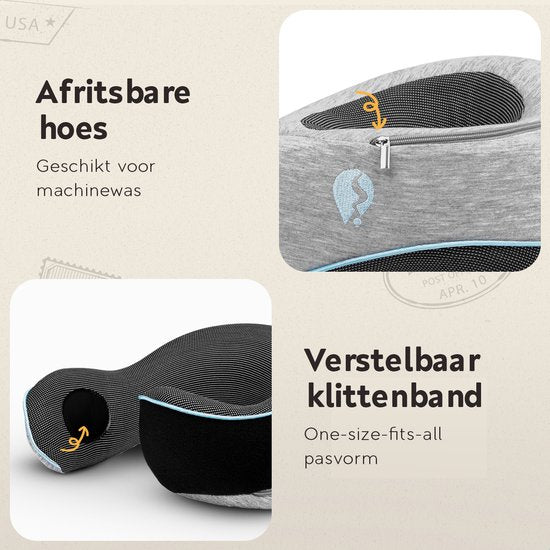 TRAVARA Nekkussen - Reiskussen - Voor Vliegtuig - Auto - Traagschuim - Memory Foam - Met Oordoppen - Grijs