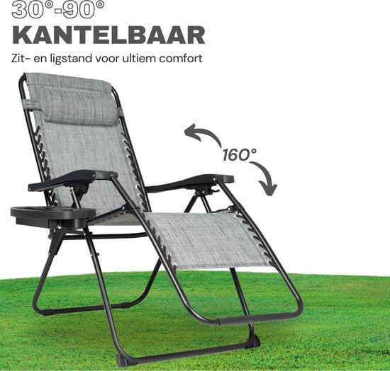 Vaive Luxe Tuinstoelen Duoset - Verstelbare Tuinstoel en Ligstoel - 30°-90° Verstelbaar - Tuin - Metaal - Grijs