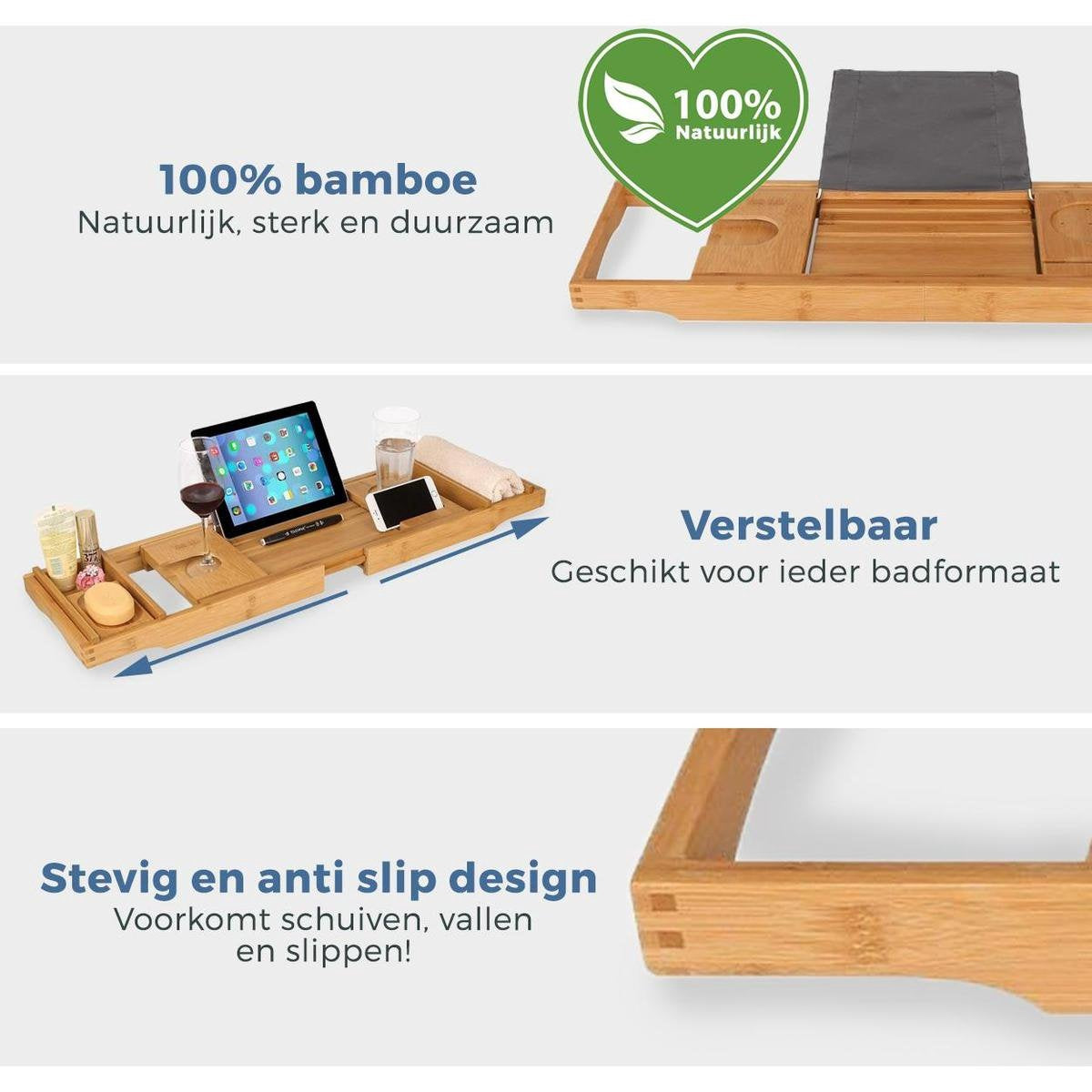 LifeGoods Badplank - Uitschuifbaar - voor in Bad - 74.5 tot 108.5 cm - met Houder - Hout