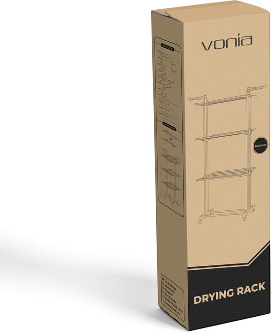 Vonia Droogtoren - Droogrek - Wasrek - Wastoren - 3 Lagen - Inklapbaar - 72x50x172 cm - DonkerGrijs