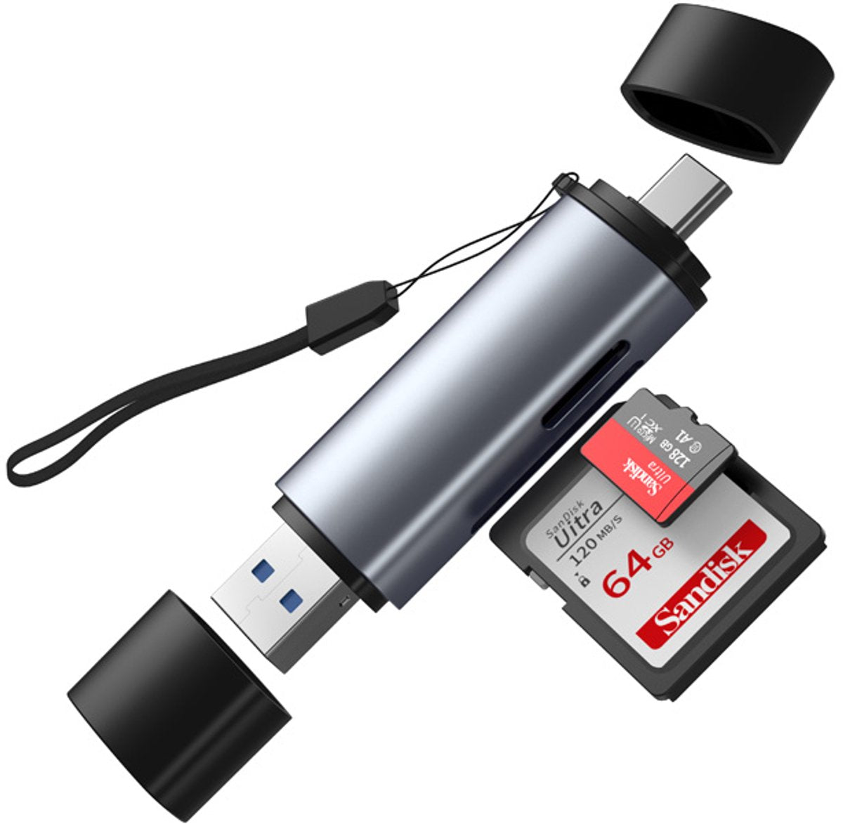 Vlectro Geheugenkaartlezer 6 x 2,5 x 1 cm – Aluminium Grijs – USB-C, USB 3.0 & Micro USB