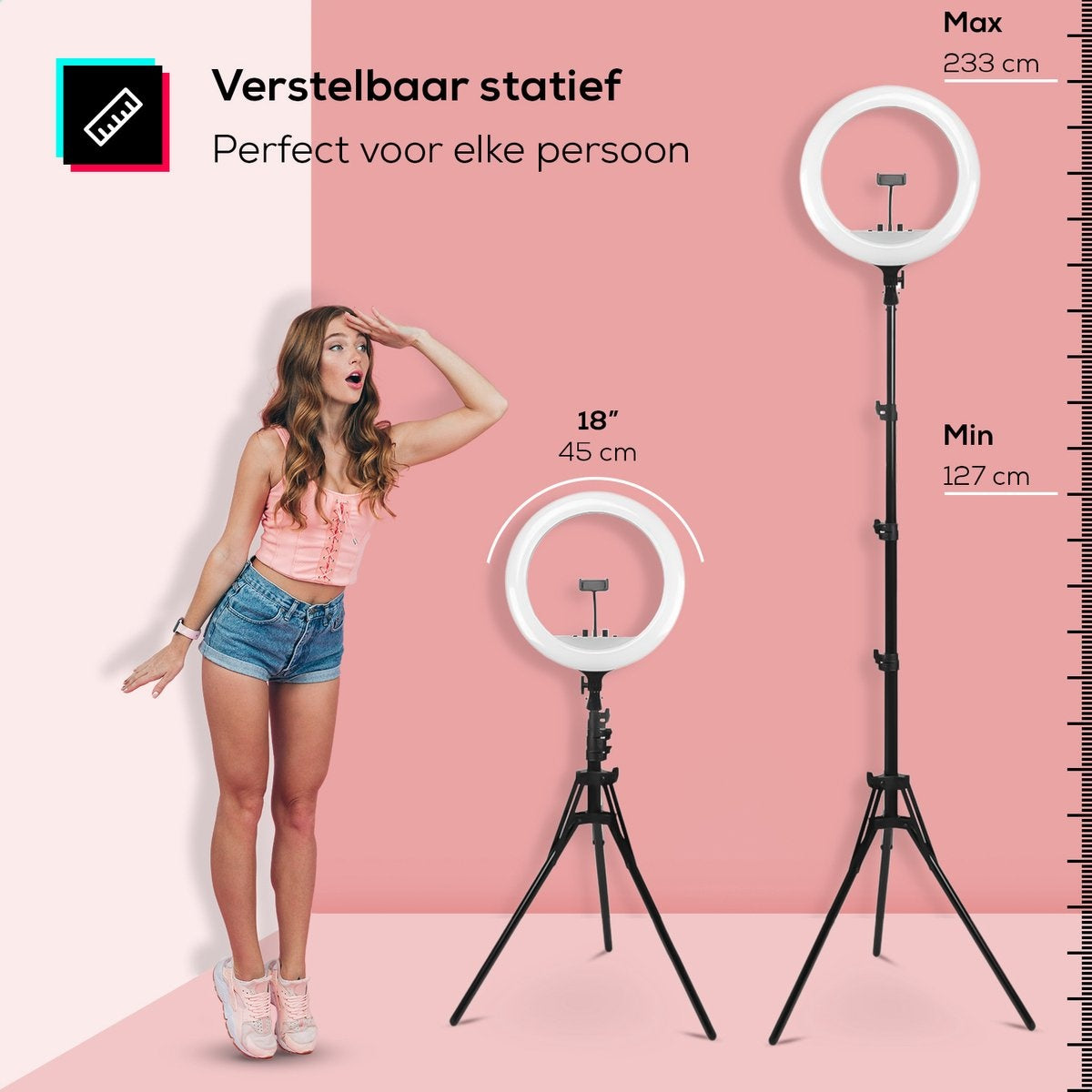 Lurk Ringlamp PRO - 18 inch - 45 cm - zwart - met verstelbaar statief - afstandsbediening