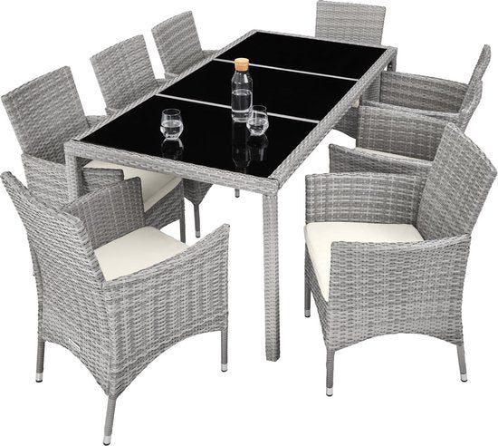 tectake - Wicker zitgroep 8 stoelen en 1 tafel - incl. beschermhoes - grijs - 403710