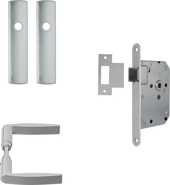 AXA Binnendeurbeslag set (Curve klik) Aluminium geslepen: Kruk (model Curve) op schild en slot met witte voorplaat