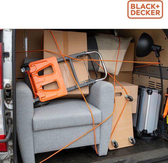 BLACK+DECKER Spanband 15 Meter - Incl. Spanband Oproller - Sjorband - Transport Touw - Elastisch Koord - met Reflecterende Delen - Transportbeheer - Nylon/ Kunststof - Oranje/Zwart