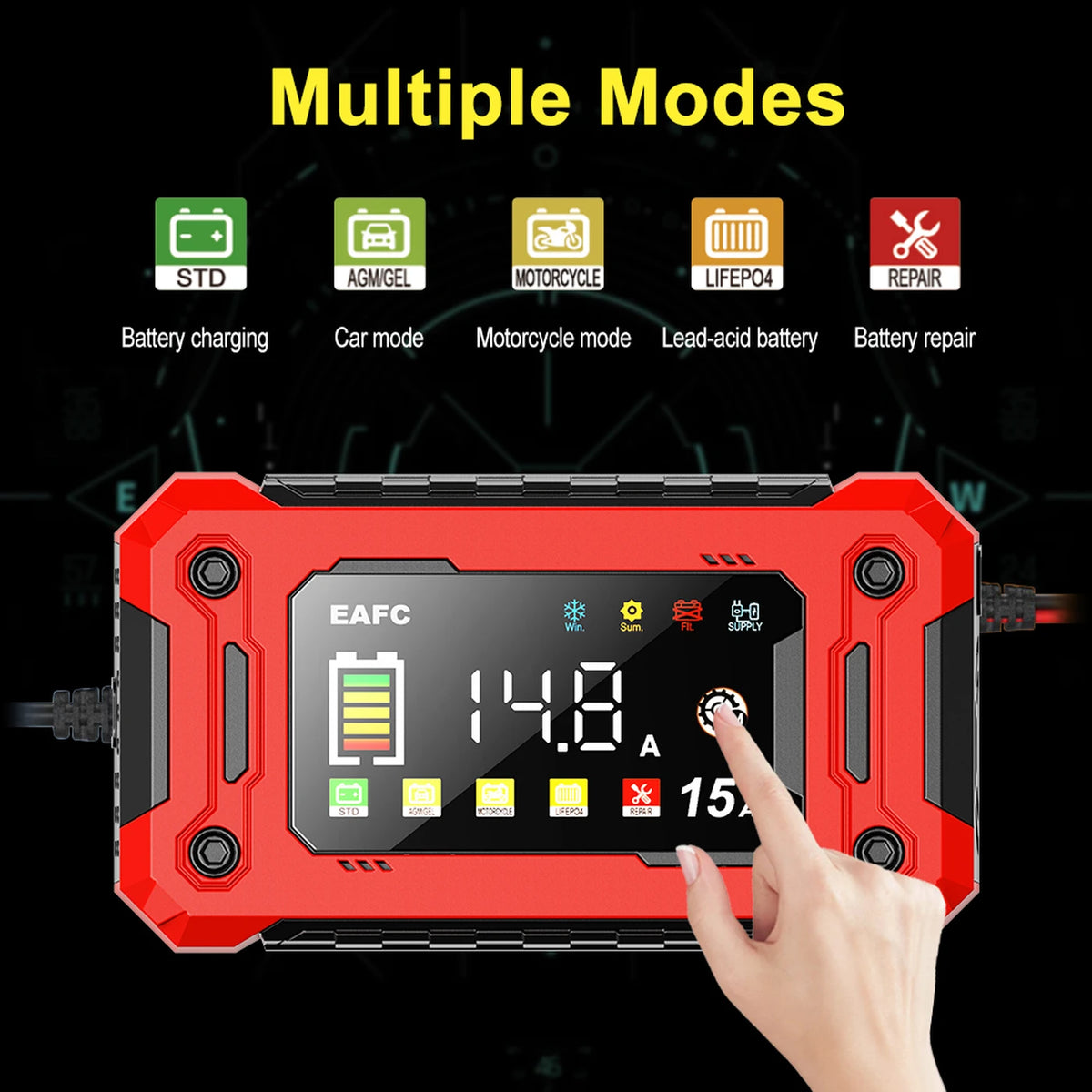 Eafc Auto-Acculader 12V 15A - Groot HD Display - Pulse Repair - Lithium AGM Loodzuur Gelaccu