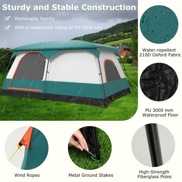 Costway Campingtent – Voor 8-10 Personen – 420 x 305 x 200 cm – Blauw/Groen