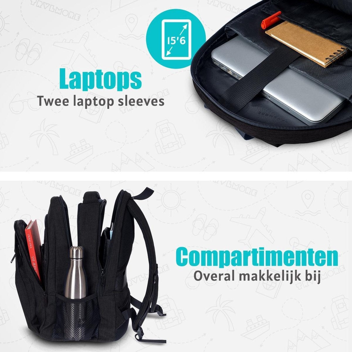 TRVLMORE Rugzak - 28L - 15,6 inch - Laptop Rugtas - Schooltas - Unisex - Spatwaterdicht Zwart