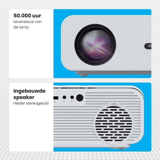 Auronic Beamer Full HD - 10.000 Lumen - WiFi - 170 inch beeldgroote - HDMI-kabel - Afstandsbediening en Draagtas - Wit