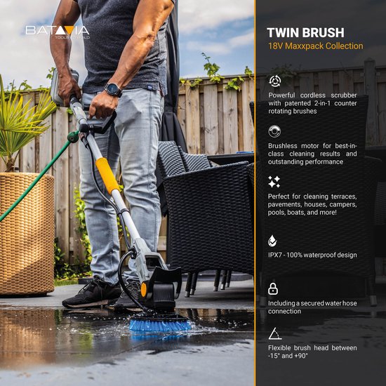 Batavia Accu 18V Twin Brush reinigingsborstel - Incl. 2.0Ah Li-ion Accu / 2.4A Oplader - 100% waterproof incl. tuinslangaansluiting - Flexibele kop -15° en 90° - Gepatenteerde 2-in-1 borstels die in tegengestelde richting draaien - Maxxpack