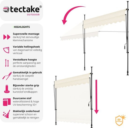 tectake - klemluifel - Zonnescherm – Zonneluifel - Verstelbaar - Klem-zonwering - Zonnescherm Balkon - 250 x 180 cm - beige – zonwering - 404960