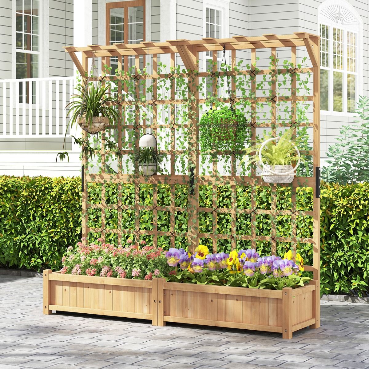 Coast Houten Plantenbak met Latwerk - 2 plantenbakken - hangend dak - naturel - 180 x 48 x 183 cm