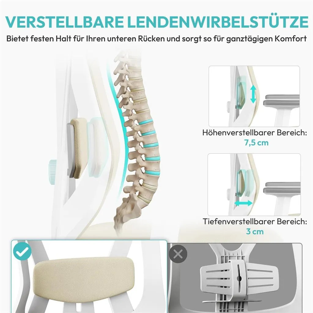 Yaheetech Ergonomische Bureaustoel met Verstelbare Hoofdsteun en Lendensteun - Beige - 70 x 59 x 115-125 cm