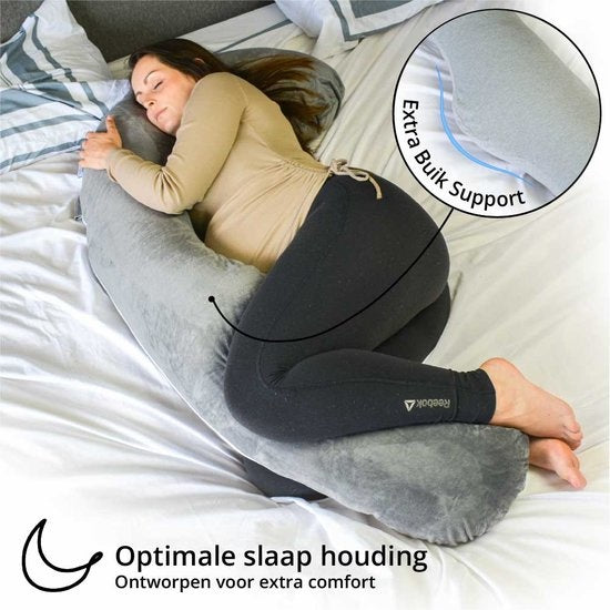 EL-Life Zwangerschapskussen XXL J-vorm - Zijslaapkussen - Lichaamskussen - Voedingskussen - Body Pillow - 155cm - Afneembare Minky Fleece Hoes - Grijs