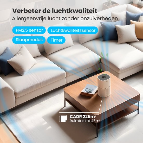 Auronic Luchtreiniger Fresh - Met HEPA 13-filter - 225 m³/u - 45 m² - Koolstoffilter - 3 Standen - Air Purifier - Wit