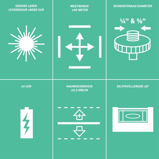 VONROC Kruislijnlaser - 360° - groen - 4V accu - 2600mah - zelfnivellerend - ±40 meter bereik - goede zichtbaarheid bij fel licht - Incl. bevestigingsbeugel, USB-C kabel & opbergtas