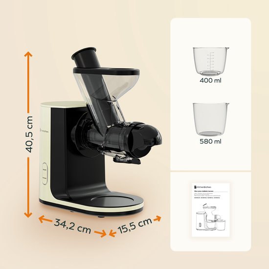 KitchenBrothers Slowjuicer - Juicer - Groenten en Fruitpers - 43 mm en 60 mm invoer - 400 ml - Champagne