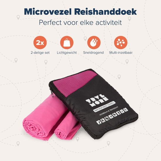 TRVLMORE Microvezel Reishanddoek Set - 2 Stuks - Small (40 x 80 cm) & Large (76 x 150 cm) - Microvezel - Roze
