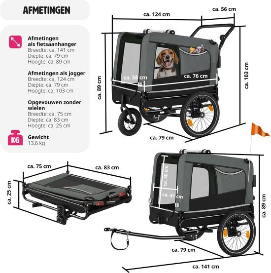 tectake® - Hondenkar WoofRider fietskar - grijs - inklapbaar, tot 40 kg - hondenbuggy hondenwagen - 404947