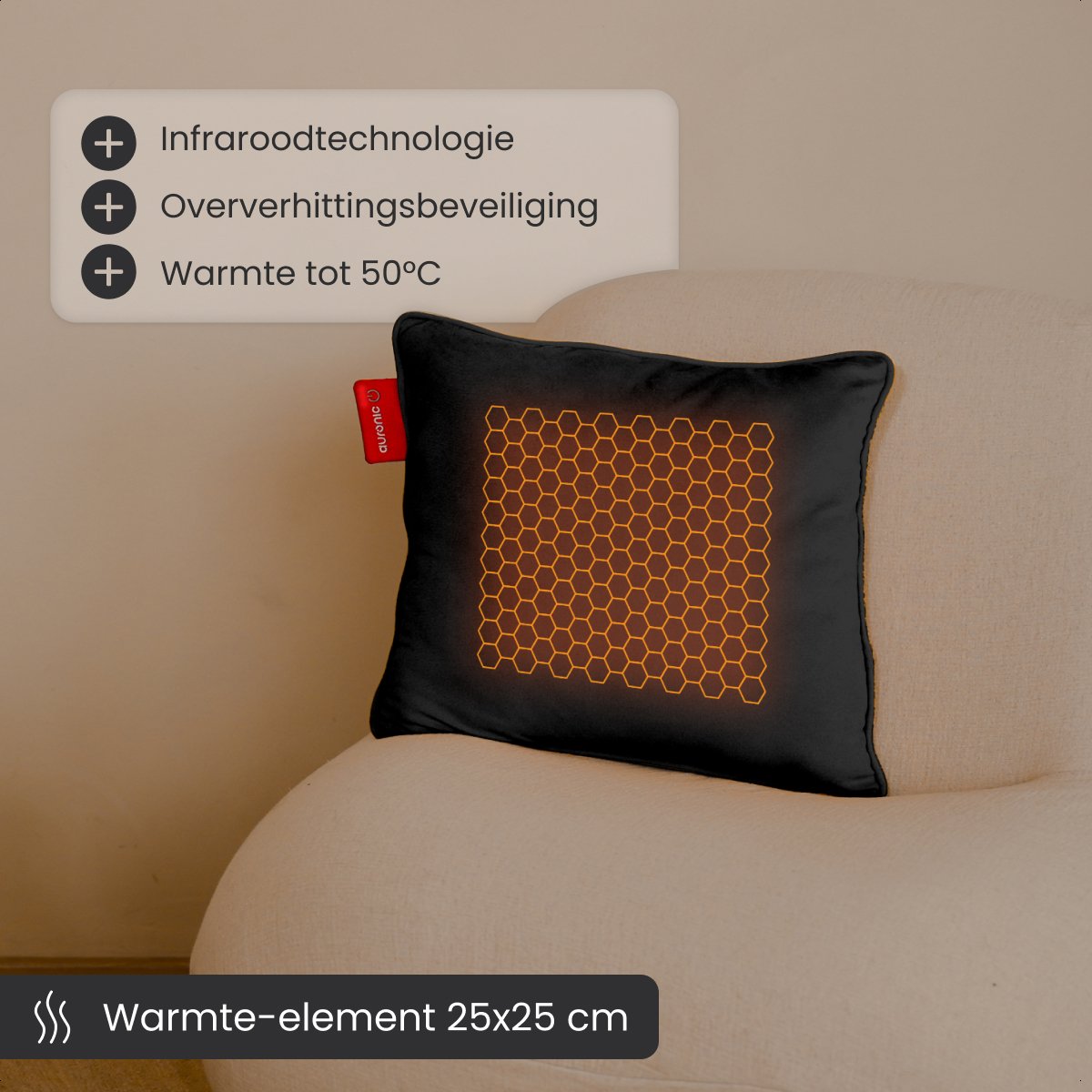 Auronic Warmtekussen - Velvet - 45x45 - Draadloos - Oplaadbaar - Elektrisch kussen - Infrarood - Zwart
