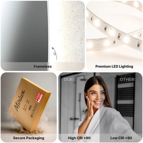 Mirlux Badkamerspiegel met LED Verlichting & Verwarming – Wandspiegel Asymmetrisch – Anti Condens Douchespiegel - Frameloos - 120x70 cm