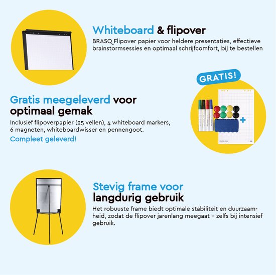 BRASQ Flipover - 70x100 cm - Verstelbaar Whiteboard - Inclusief 25 vellen papier, 4 Stiften, 8 Magneten, Wisser - Magnetisch bord met Haken - Magneetbord - Zwart