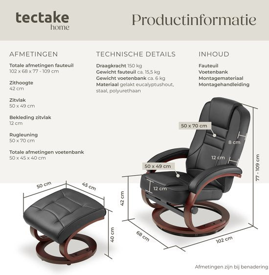tectake® TV-Fauteuil met Kruk - Verstelbare Rugleuning - 360° Draaibare Relaxfauteuil - Houten Poten - TV-Fauteuil van Imitatieleer met Relaxfunctie - Zwart