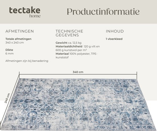 tectake® Vintage design tapijt - laagpolig vloerkleed - Boho vloerkleed - Voor woonkamer, slaapkamer, kinderkamer of tienerkamer - Wasbaar - 240cm x 340cm - blauw