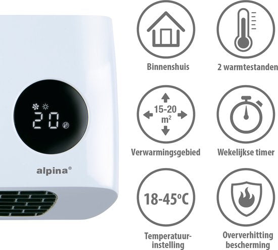 alpina Wandkachel – Met Timer & Afstandsbediening – 2000 W – 42 x 17.5 x 10.5 cm – Wit