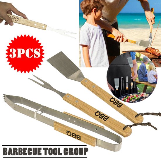 BBQ/barbecue gereedschap set 3-delig met houten handvatten - Tang - Vork - Spatel