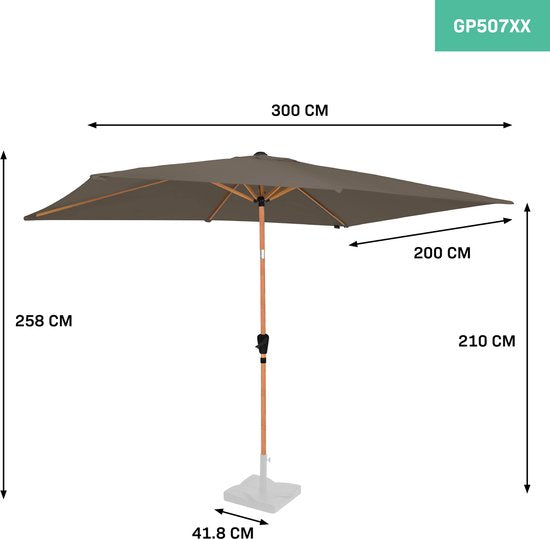 VONROC Premium Stokparasol Rapallo 200x300cm - Incl. beschermhoes – Rechthoekige parasol - Kantelbaar – UV werend doek – Houtlook - Taupe