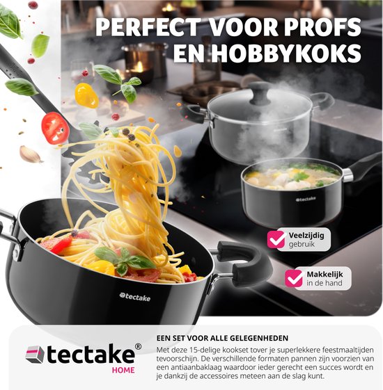 tectake® Pannenset 15-delig - Aluminium met glazen deksels - Inclusief keukengerei - Zwart