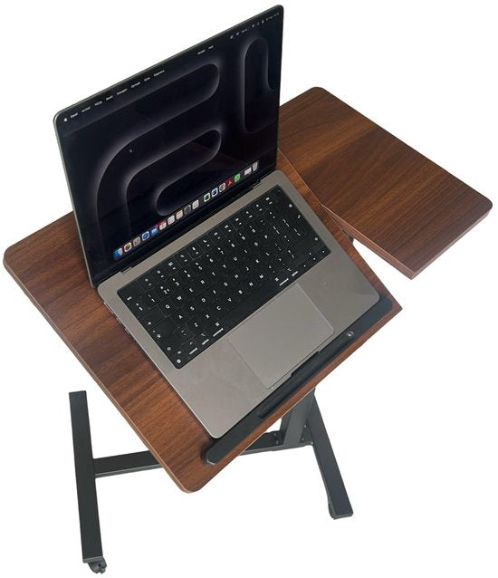 TTD® Premium Bijzettafel op Wieltjes - Laptoptafel Verstelbaar - Bedtafel op Wielen - Laptopstandaard - Verstelbaar in Hoek en in Hoogte - Donkerhout - Links