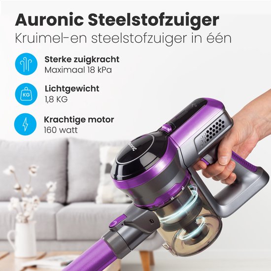 Auronic Steelstofzuiger Draadloos - Zonder Zak - Op Accu - 4-in-1 - 160W - Stofzuiger - Paars/Grijs