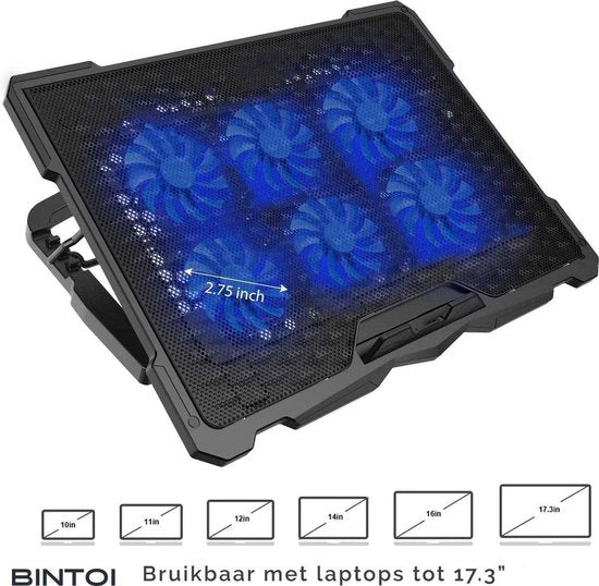 Bintoi® LSE100 – Laptop Standaard Verstelbaar – Tablet Houder – Laptopstandaard Laptoptafel – Laptop Cooler Stand – Laptophouder Laptop Koeler Verhoger – Cooling Pad – 6 Ventilatoren – Cadeau Tip