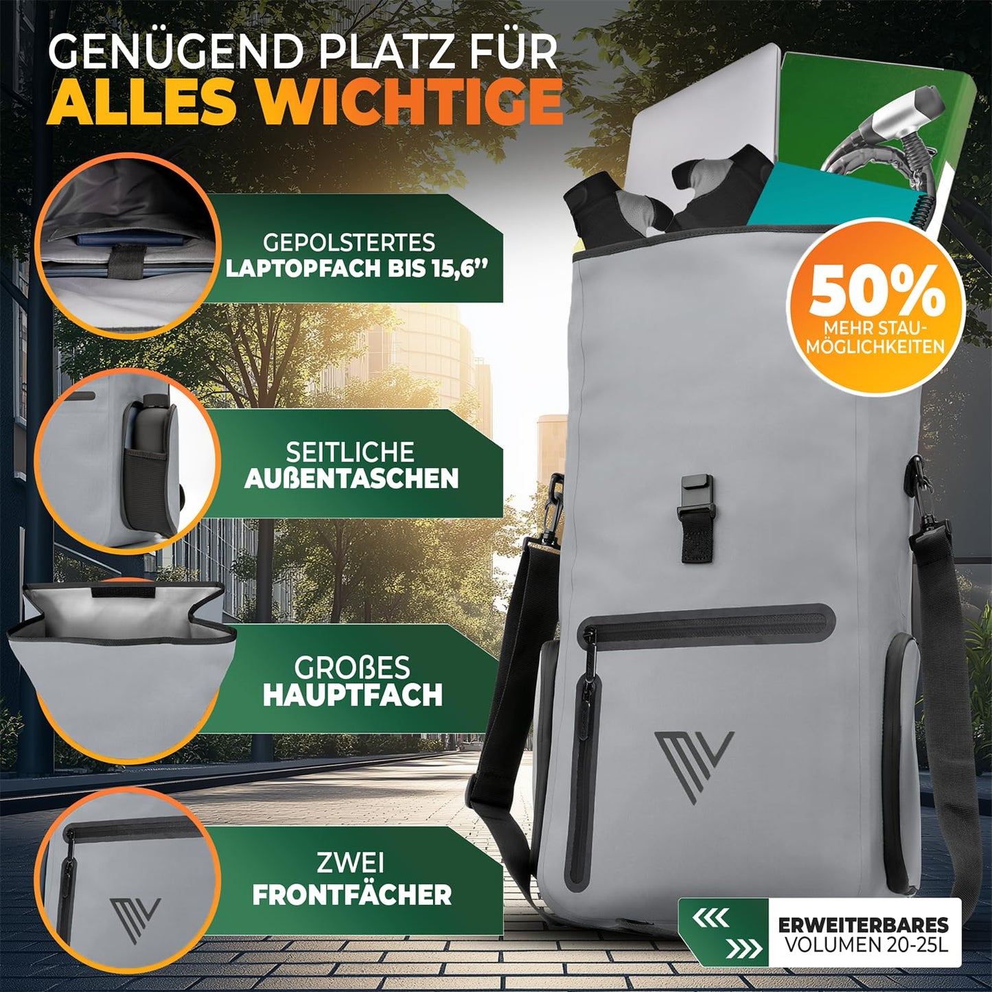 MIVELO EVO 25L 3 in 1 fietstas voor bagagedrager - rugzak en schoudertas - 100% waterdicht en volledig reflecterend