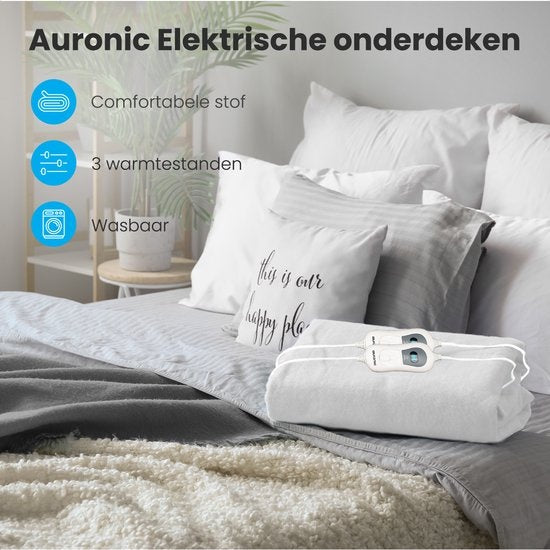 Auronic Elektrische Onderdeken - 2 Persoons - 160x140cm - met Hoekelastieken en 2 Controllers - Wit