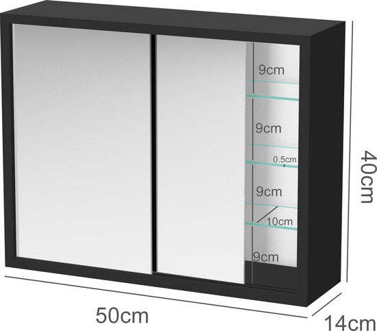 VDD - Medicijnkastje - Spiegelkast boven Wastafel, Badkamer, Toilet - Schuifdeuren - 50 x 40 x 14 cm - Zwart