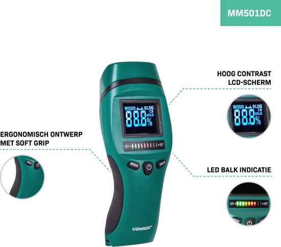 VONROC PRO Vochtmeter – Professioneel gebruik – Accuraat – Hoog contrast LCD met achtergrondverlichting