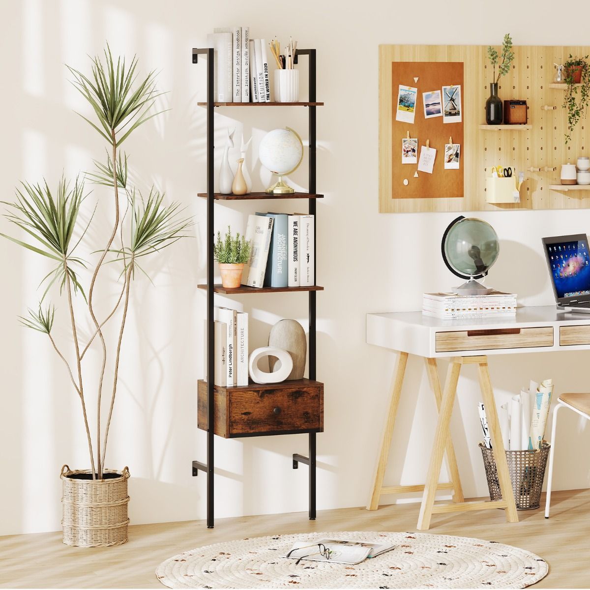 Coast Ladderboekenkast met lade - 5 lagen - metalen frame - rustiek bruin en zwart