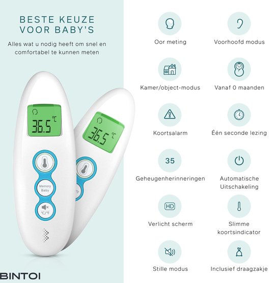 Bintoi® X100 - Digitale Oorthermometer - Infrarood Thermometer Voorhoofd - Temperatuurmeter - koortsthermometer voor volwassenen en baby's - Digitale thermometer lichaam - Instant meting in 1 seconde - Incl. batterijen