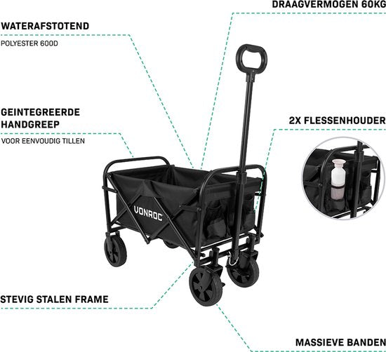 VONROC Bolderkar – Compact model – Opvouwbaar – 60 kg draagvermogen – 50l inhoud – Massieve anti-lek wielen – Stevig stalen frame – Polyester 600D – Zwart