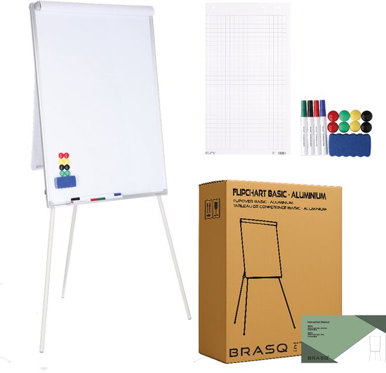 BRASQ Flipover - 70x100cm - Verstelbaar Whiteboard - Inclusief 25 vellen papier, 4 Stiften, 8 Magneten, Wisser - Magnetisch bord met Haken - Magneetbord - Aluminium