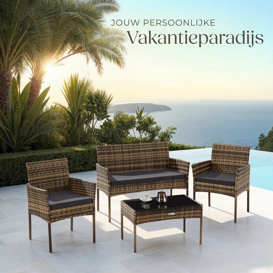 tectake® - Wicker tuinset Palese - Zitgroep voor 4 personen - Tuinmeubelset met loungebank, tuintafel en 2 tuinstoelen inclusief zitkussens - Tuinmeubelen - Waterafstotend - Grijs