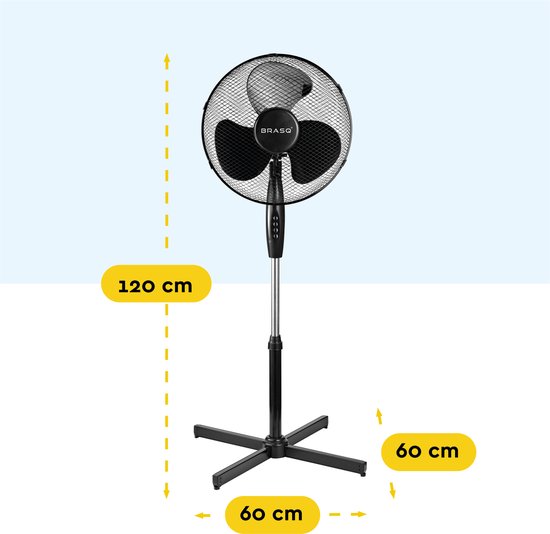 BRASQ Statiefventilator – 40 cm – Zwart - In hoogte verstelbaar – 3 snelheden - 40 Watt