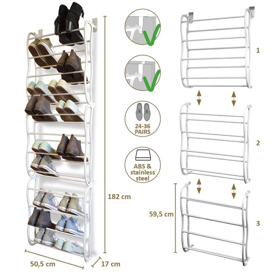 O'DADDY® hangend schoenenrek deur - Geschikt voor opdek en stompe deuren, beide kanten – 20 x 51 x 182 cm - Wit