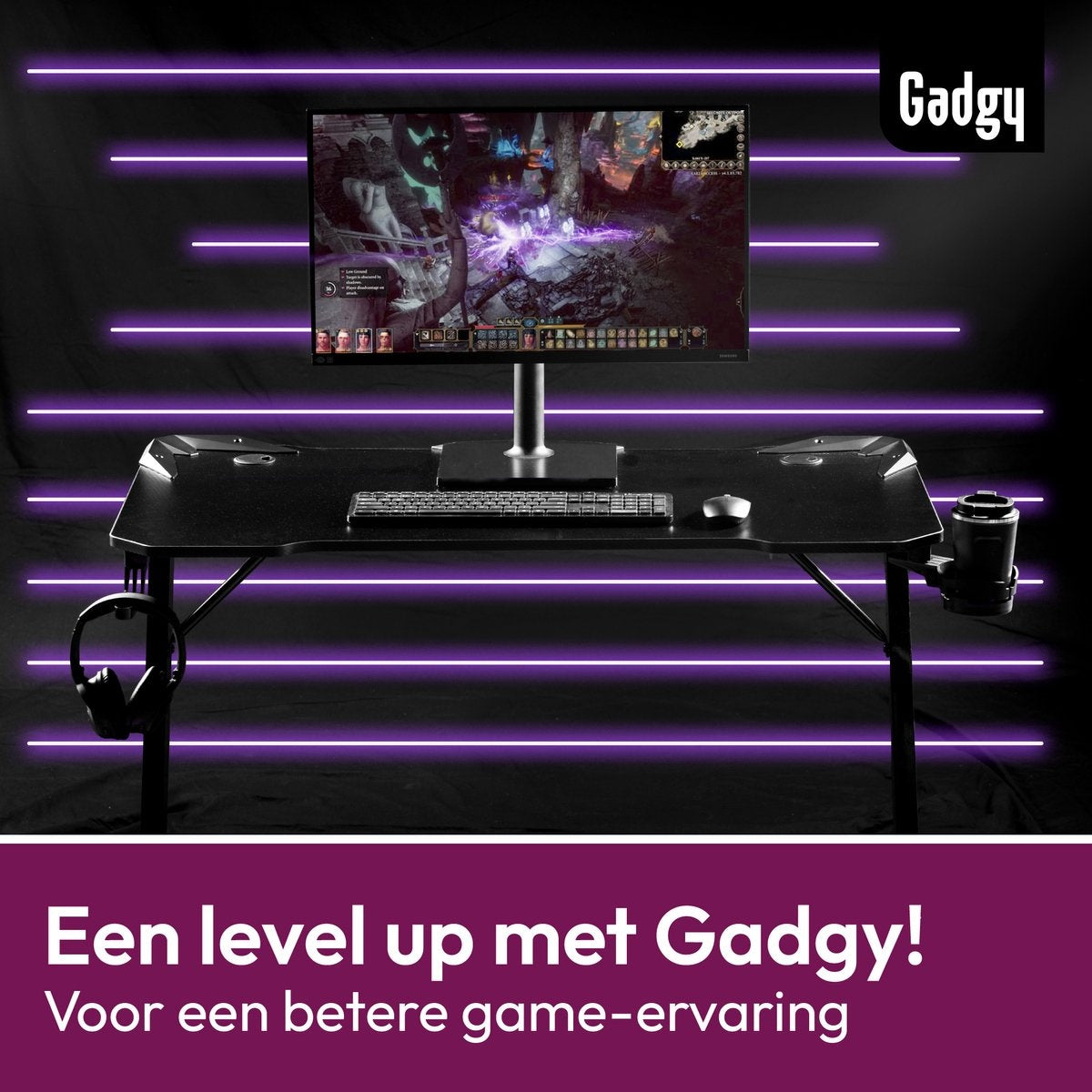 Gadgy Game Bureau Carbon - Gaming Bureau 110 CM Breed - Gaming Desk met Carbon Details - Gaming Tafel met Koptelefoonhouder, bekerhouder & kabeltunnel - Level Up Gamen met Gadgy - Zwart Carbon