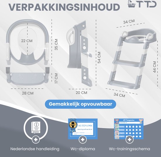 TTD® Potje Peuter - WC Verkleiner met Trapje - Toiletverkleiner - Toilettrainer met Opstapje - In Hoogte Verstelbaar en Opvouwbaar - 2 tot 8 jaar - Met Beloningssysteem en Diploma
