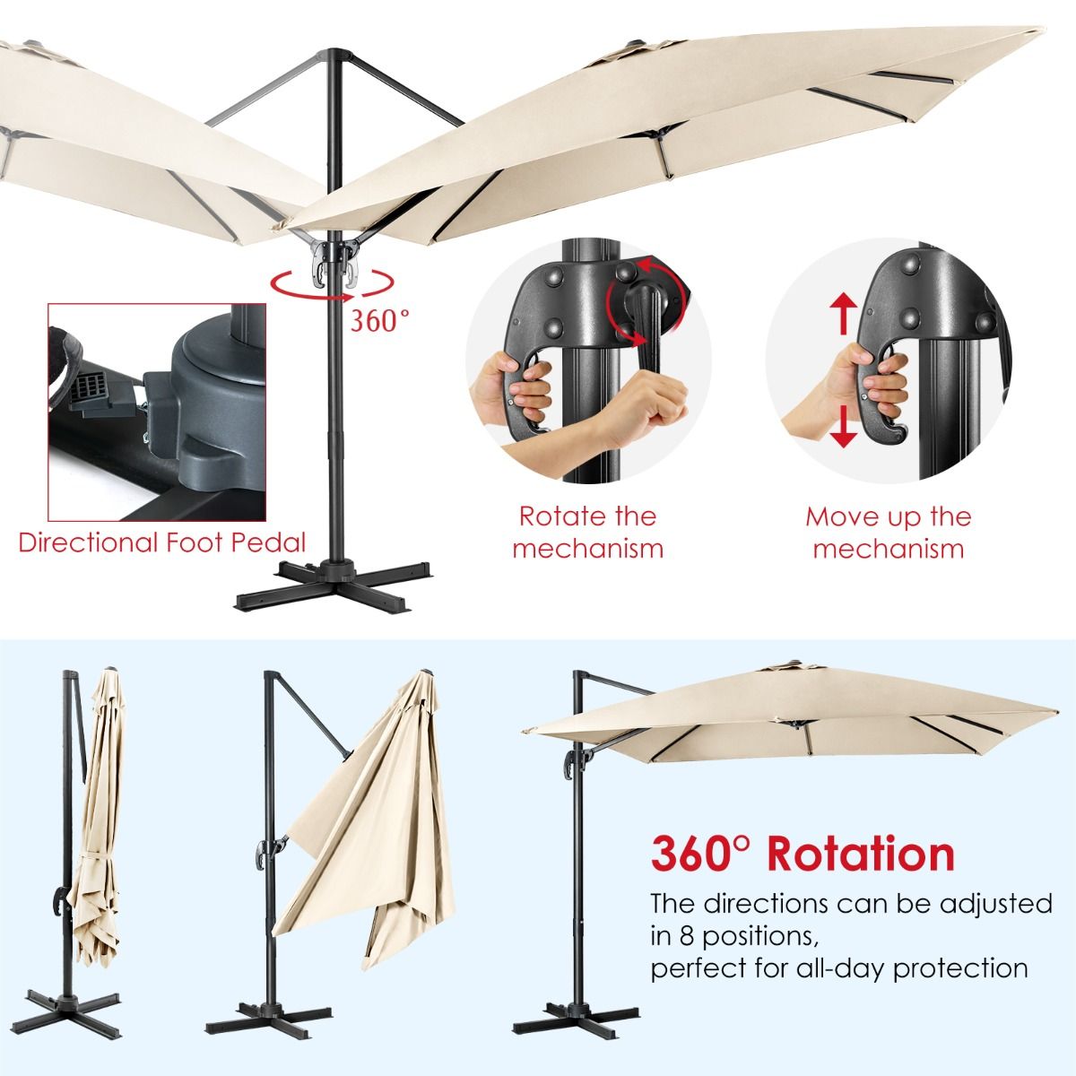 Coast Zweefparasol – Kantelbaar & 360° Draaibaar – 300 x 300 x 273 cm – Beige