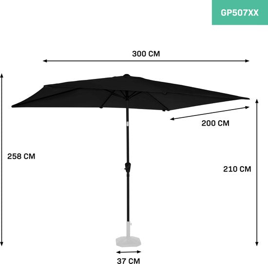 VONROC Premium Parasol Rapallo 200x300cm – Duurzame parasol - Kantelbaar – UV werend doek - Antraciet/Zwart – Incl. beschermhoes